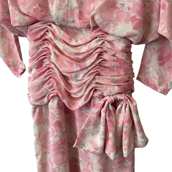 Vintage pink floral ruched midi women's high neckline, Long sleeve Dress, Small - Picture 7 of 8